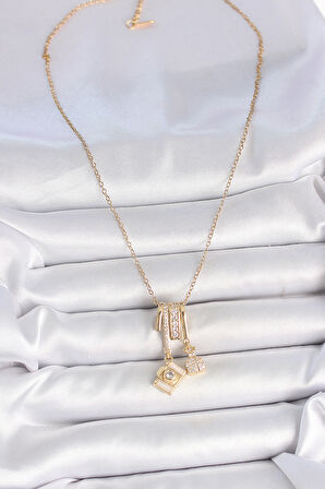 316L Çelik Gold Renk Zirkon Taşlı Sallantı Fotoğraf Makinesi Figür Charm Kadın Kolye - Tj-Bko10097