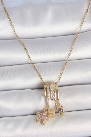 316L Çelik Gold Renk Sallantı Zirkon Taşlı Mor Taşlı Ayıcık Figür Charm Kadın Kolye - TJ-BKO10098