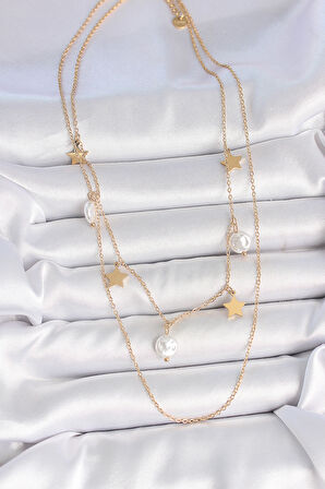 316L Çelik Gold Renk 2'Li Zincir Sallantı Yıldız İnci Model Kadın Kolye - TJ-BKO10110