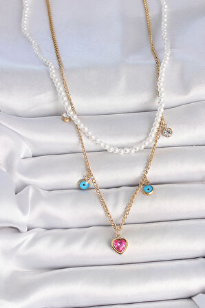 316L Çelik Gold Renk 2'Li İnci Zincir Model Pembe Taşlı Kalp Figür Nazar Boncuk Detay Kadın Kolye - TJ-BKO10112