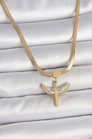 316L Çelik Gold Renk İtalyan Zincir Zirkon Taş Detaylı Mikail Model Kadın Kolye - TJ-BKO10123