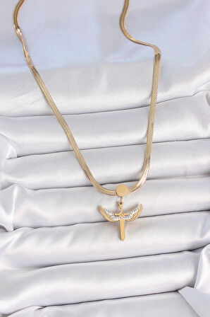 316L Çelik Gold Renk İtalyan Zincir Zirkon Taş Detaylı Mikail Model Kadın Kolye - TJ-BKO10123