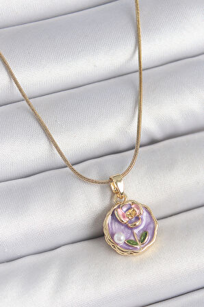 316L Çelik Gold Renk Zincir Mor Minimal Çiçek İşlemeli İnci Detay Portre Model Kadın Kolye - TJ-BKO10128