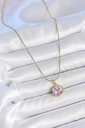 316L Çelik Gold Renk Zincir Mor Minimal Çiçek İşlemeli İnci Detay Portre Model Kadın Kolye - TJ-BKO10128