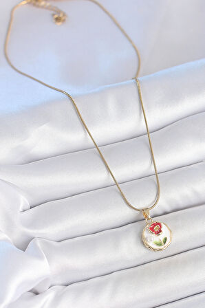 316L Çelik Gold Renk Zincir Beyaz Minimal Çiçek İşlemeli İnci Detay Portre Model Kadın Kolye - TJ-BKO10131