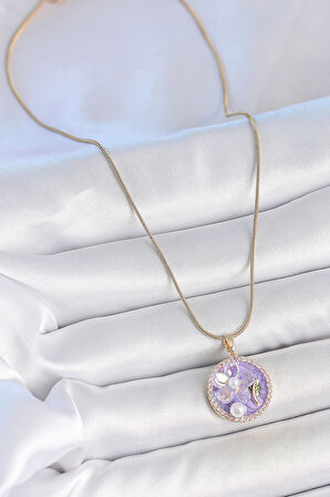 316L Çelik Gold Renk Zincir Zirkon Taşlı Mor Mineli Çiçek İşlemeli İnci Detay Portre Model Kadın Kolye - TJ-BKO10138
