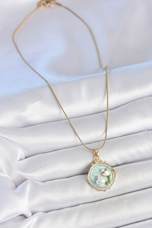 316L Çelik Gold Renk Zincir Turkuaz Mineli İncili Çiçek İşlemeli Portre Model Kadın Kolye - TJ-BKO10150