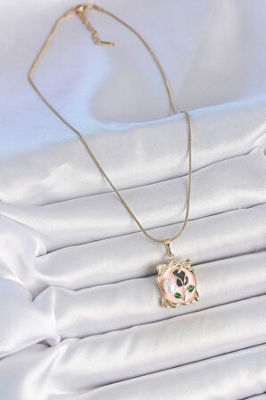 316L Çelik Gold Renk Zincir Pembe Mineli Çiçek İşlemli İnci Detay Portre Model Kadın Kolye - TJ-BKO10185