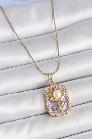 316L Çelik Gold Renk Zincir Mor Mineli İncili Papatya İşlemeli Portre Model Kadın Kolye - TJ-BKO10198