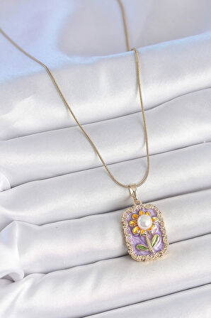 316L Çelik Gold Renk Zincir Mor Mineli İncili Papatya İşlemeli Portre Model Kadın Kolye - TJ-BKO10198