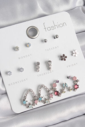 Pirinç Gümüş Renk Zirkon Taşlı Damla Model Çiçek Detay 7 Çift Kadın Küpe Seti - TJ-BKP10549