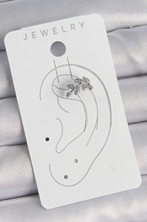 Pirinç Gümüş Renk Zirkon Taşlı Yaprak Model Kıkırdak Kadın Küpe - TJ-BKP10551