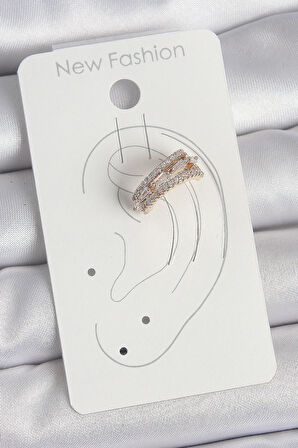 Pirinç Gold Renk Zirkon Taşlı 3'Lü Sıralı Model Kadın Kıkırdak Küpe - TJ-BKP10580