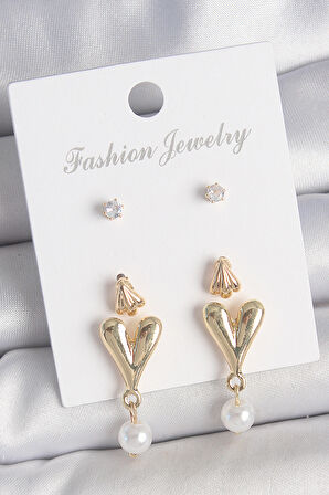 Pirinç Gold Renk Zirkon Taşlı İncili Sallantılı Kalp Model 3 Çift Kadın Küpe Seti - TJ-BKP10608