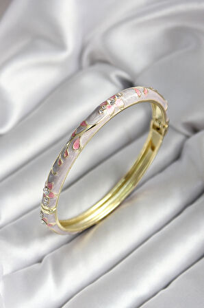 Mineli Pirinç Pembe Çiçek Desenli Gold Renk Kadın Kelepçe - TJ-BB7022
