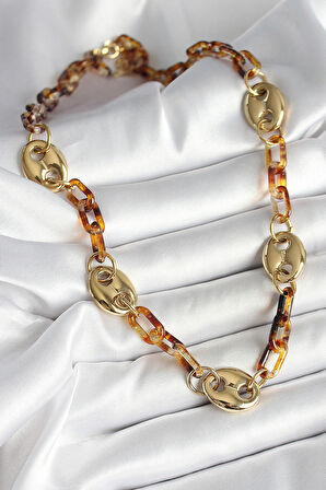 Leopar Desenli Mika Gold Renk Zincir Kadın Kolye - TJ-BKO10237