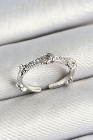 Pirinç Düğüm Figürlü Zirkon Taşlı Gümüş Renk Ayarlanabilir Kadın Yüzük - TJ-BYK3777