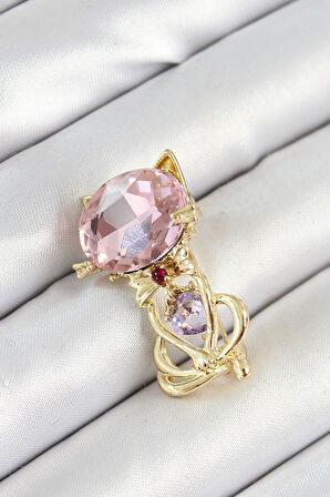 Pembe Zirkon Taşlı Kap Detaylı Kedi Figürlü Gold Renk Kadın Broş - TJ-BR447
