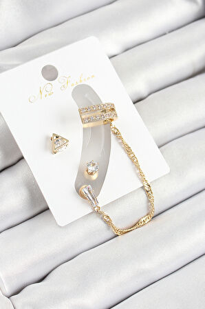 Pirinç Üçgen Figürlü Zirkon Taşlı Gold Renk 3'lü Kıkırdak Kadın Küpe Set - TJ-BKP10668