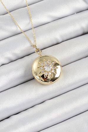 316L Çelik Zincir Açılabilir Madalyon Model Zirkon Taşlı Gold Renk Kadın Kolye - TJ-BKO10240