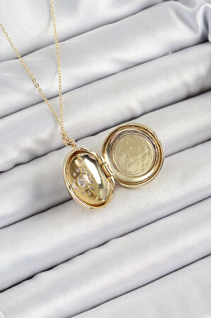 316L Çelik Zincir Açılabilir Madalyon Model Zirkon Taşlı Gold Renk Kadın Kolye - TJ-BKO10240