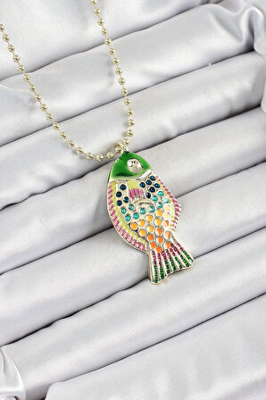 Pirinç Rainbow Balık Model Zirkon Taşlı Gold Renk Kadın Kolye - TJ-BKO10247