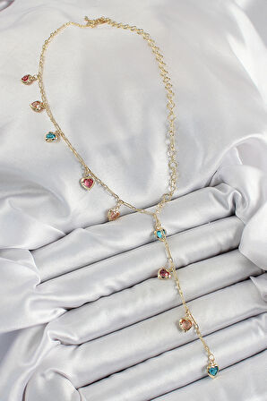 Pirinç Asorti Kalp Model Gold Renk Zirkon Taşlı Y Kolye - TJ-BKO10248