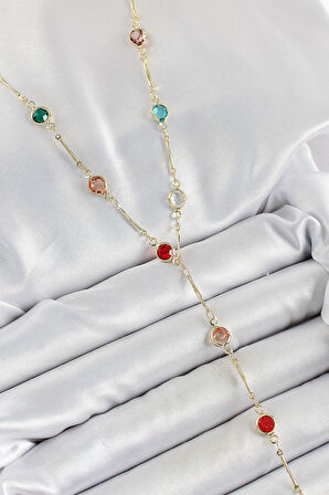 Pirinç Asorti Model Gold Renk Zirkon Taşlı Y Kolye - TJ-BKO10251