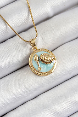 316L Çelik Zincir Turkuaz Mineli Sanatsal Portre İstiridye Model Gold Renk Kadın Kolye - TJ-BKO10269