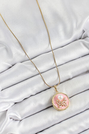 316L Çelik Zincir Zirkon Taşlı Pembe Sanatsal Portre İnci Detaylı Kelebek Model Gold Renk Kadın Kolye - TJ-BKO10276