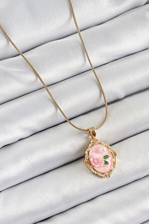 316L Çelik Zincir Pembe Sanatsal Portre İnci Detaylı Gül Figürlü Model Gold Renk Kadın Kolye - TJ-BKO10281
