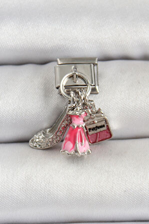 316L Çelik Gümüş Renk Pembe Elbise Kombini Model Nomination Charm - TJ-BC1502