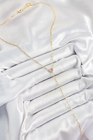 Pirinç Zirkon Taşlı Pembe Kalp Figürlü Y Model Gold Renk Kadın Kolye - TJ-BKO10320