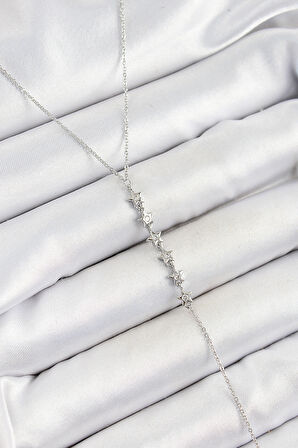 Pirinç Zirkon Taşlı Sıralı Yıldız Figürlü Y Model Gümüş Renk Kadın Kolye - TJ-BKO10321