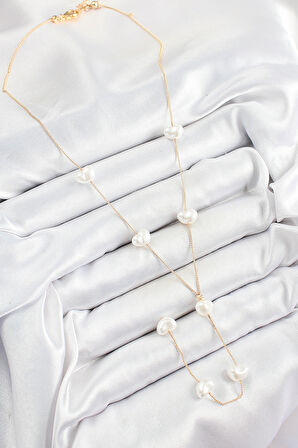 316L Çelik İncili Kalp Figürlü Y Model Gold Renk Kadın Kolye - TJ-BKO10335