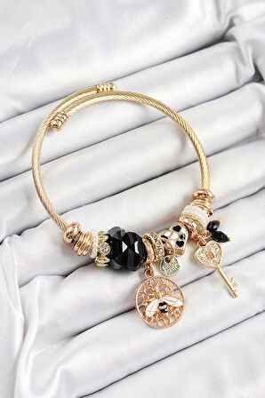 316L Çelik Siyah Zirkon Taşlı Baykuş Arı Ve Anahtar Model Gold Renk Charm Bileklik - TJ-BB7292