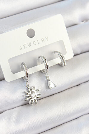 Pirinç Zirkon Taşlı Güneş Model Gümüş Renk 3'lü Çift Kadın Küpe Set - TJ-BKP10799