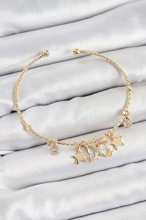 Pirinç Zirkon Taşlı Kelebek Ve Yıldız Model Gold Renk Charm Bileklik - TJ-BB7355