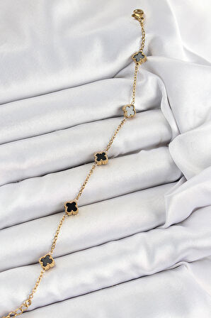 316L Çelik Siyah Sedef Yonca Model Gold Renk Kadın Bileklik - TJ-BB7359