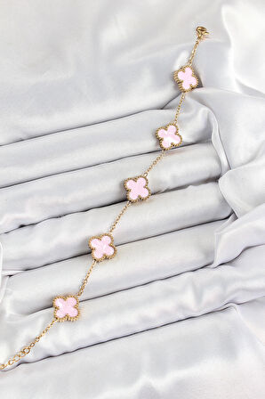 316L Çelik Pembe Sedef Yonca Model Gold Renk Kadın Bileklik - TJ-BB7365