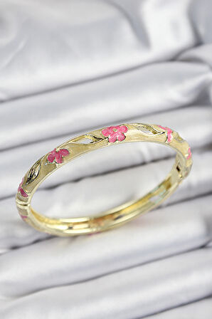 Mineli Pirinç Pembe Ve Hardal Çiçek Motifli Gold Renk Kadın Kelepçe - TJ-BB7369