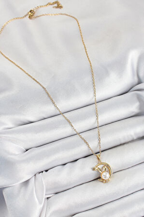 316L Çelik İnci Detaylı Hilal Tavşan Model Gold Renk Kadın Kolye - TJ-BKO10347