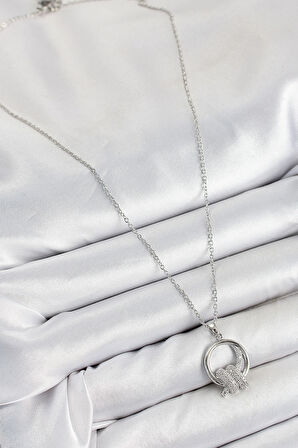 316L Çelik Zirkon Taşlı Düğüm Model Gümüş Renk Kadın Kolye - TJ-BKO10350