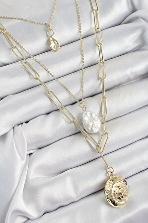 Pirinç Çoklu Zincirli İncili Deniz Kabuğu Model Gold Renk Kadın Kolye - TJ-BKO10370