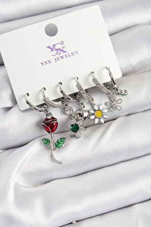 Pirinç Zİrkon Taşlı Gül Ve Papatya Model Gümüş Renk 3'lü Çift Kadın Küpe - TJ-BKP10956