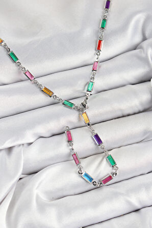 Pirinç Renkli Zirkon Taşlı Dikdörtgen Model Gümüş Renk Kadın Y Kolye - TJ-BKO10385