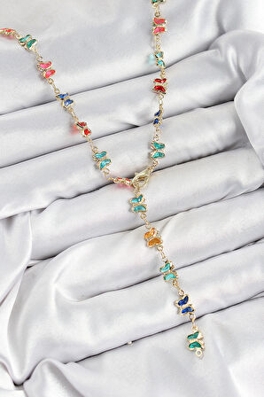 Pirinç Renkli Zirkon Taşlı Kelebek Model Gold Renk Kadın Y Kolye - TJ-BKO10386