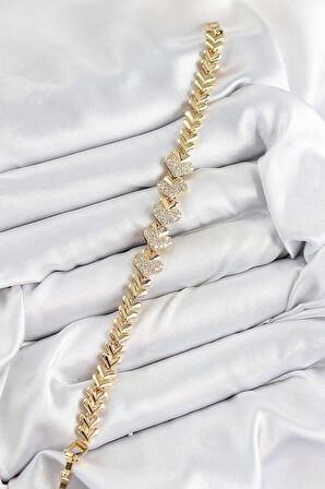 Pirinç Zirkon Taşlı Kalp Model Gold Renk Kadın Bileklik - TJ-BB7562