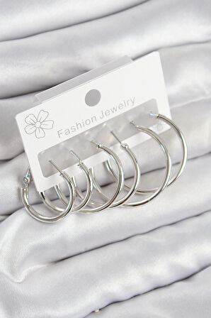 Pirinç Halka Model Gümüş Renk Kadın Set Küpe - TJ-BKP11044