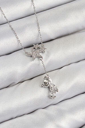 Pirinç Zirkon Taşlı Sallantılı Ayıcıklı Yıldız Model Gümüş Renk Kadın Kolye - TJ-BKO10419